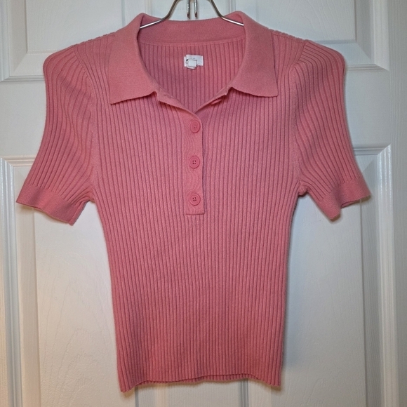 aerie Tops - Aerie Ribbed Stretch Polo Top Short Sleeve Knit Sweater Shirt Coral Pink M